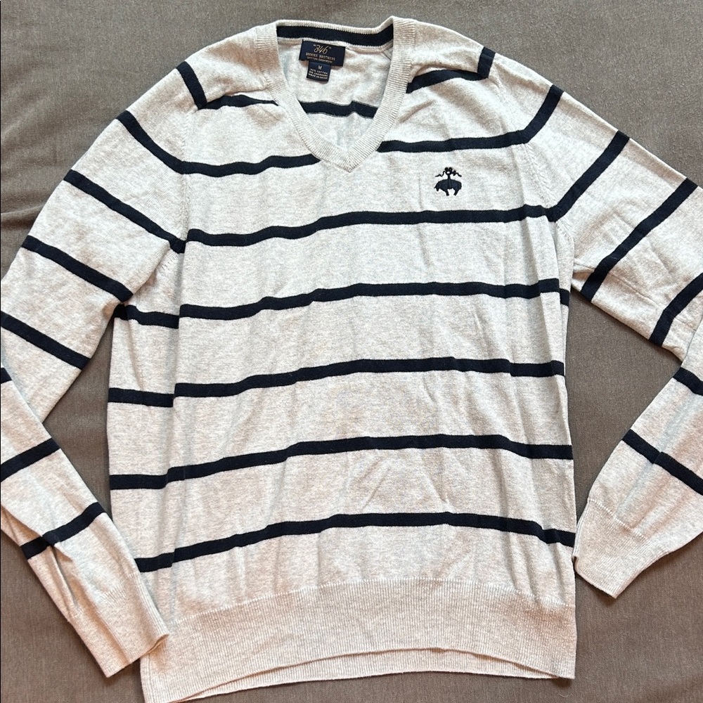 Brooks Brothers V-Neck Sweater - Cream and Black Stripes